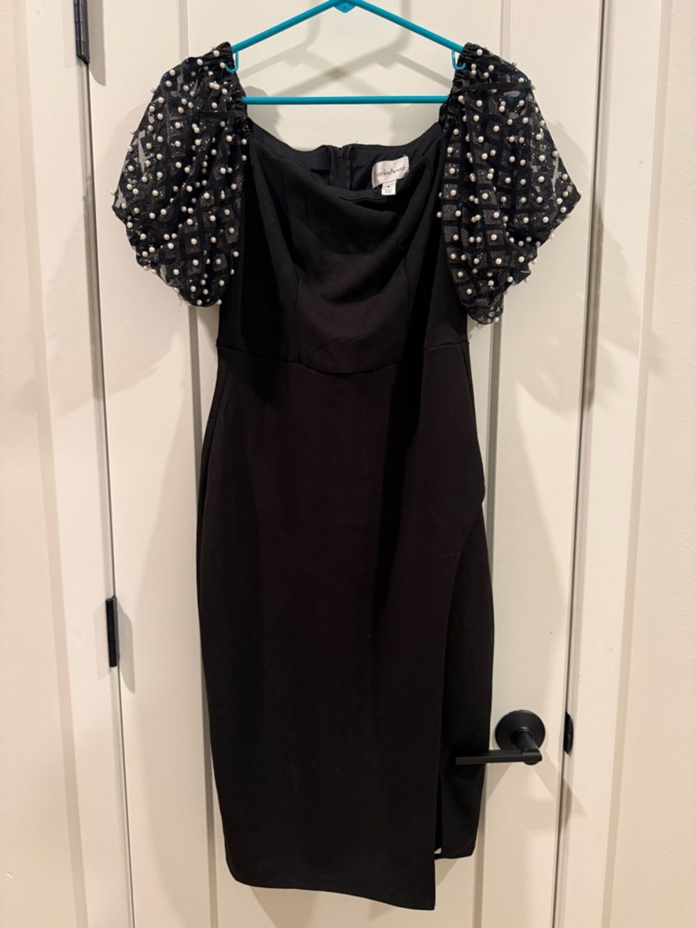 Premier Black Midi Dress with Pearl-Embellished Puff Sleeves